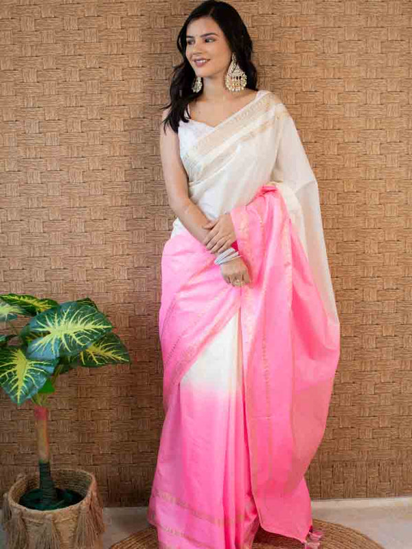 Banarasi Dual Shade Soft Cotton Plain Saree With Zari Border-White & Pink