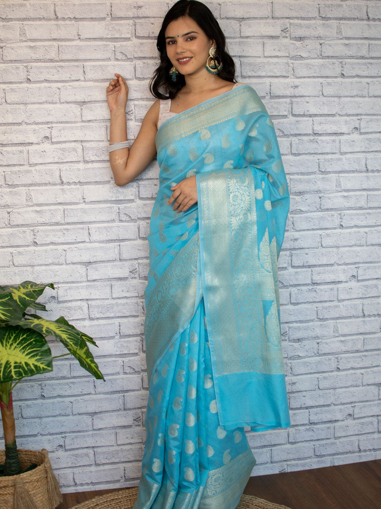 Banarasi Soft Cotton Silk Mix Saree with Paisley Buti-Blue