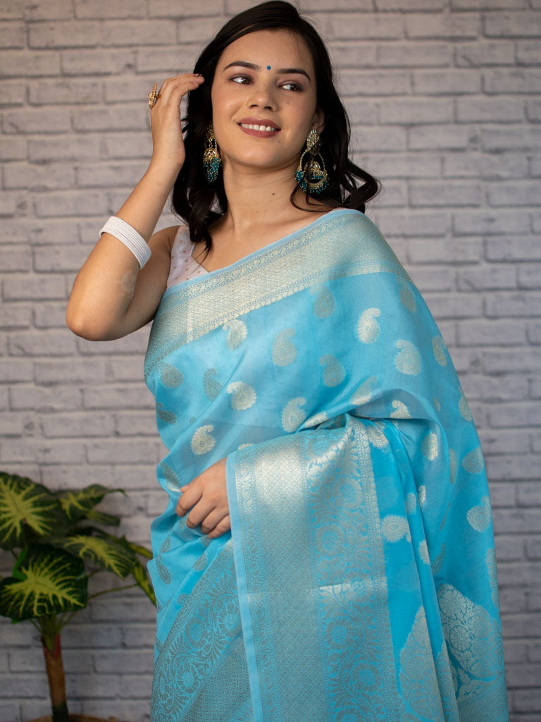 Banarasi Soft Cotton Silk Mix Saree with Paisley Buti-Blue