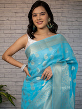 Banarasi Soft Cotton Silk Mix Saree with Paisley Buti-Blue
