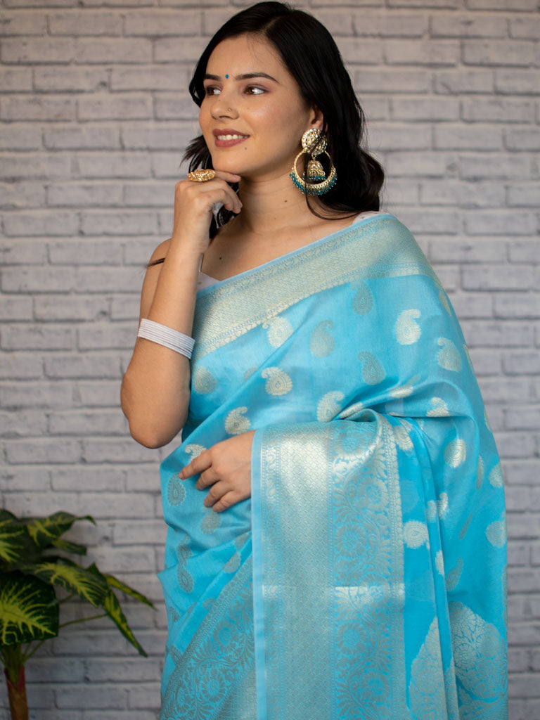 Banarasi Soft Cotton Silk Mix Saree with Paisley Buti-Blue