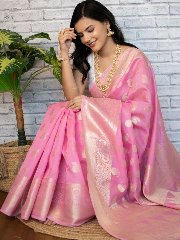 Banarasi Soft Cotton Silk Mix Saree with Paisley Buti-Pink