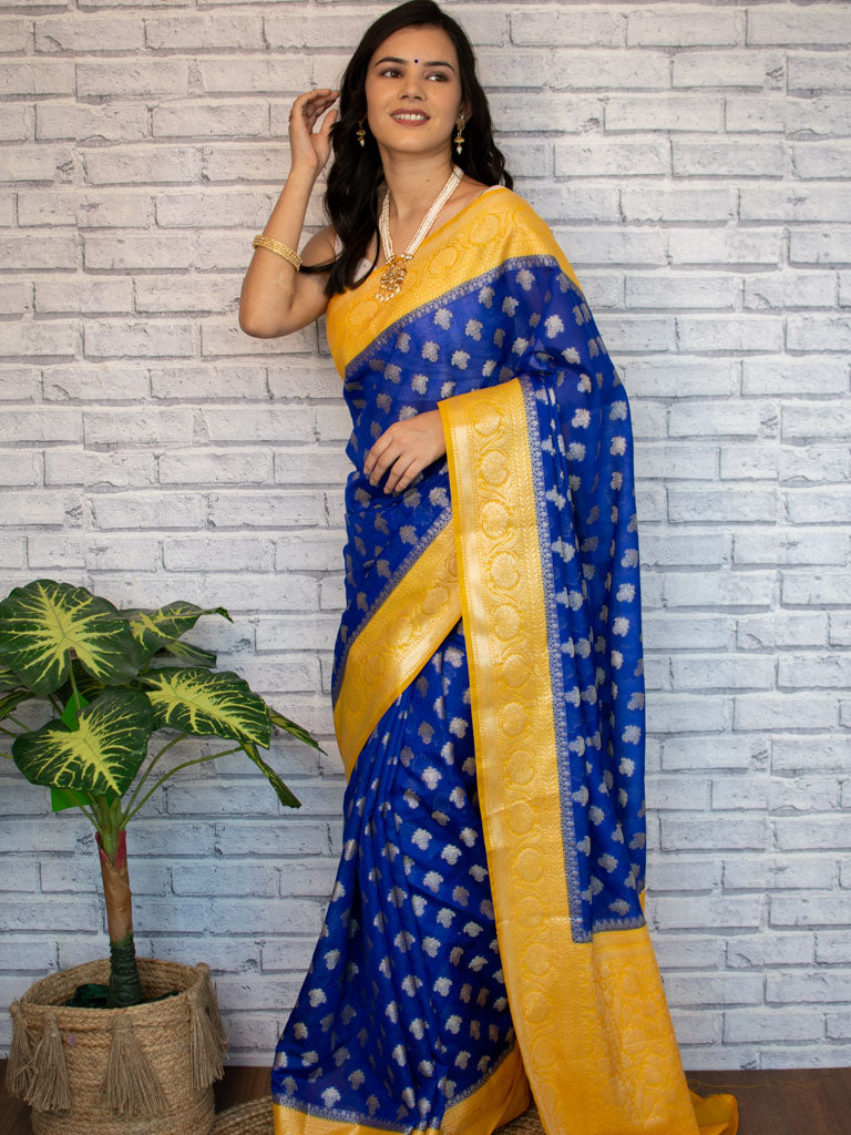 Banarasi Organza Saree With Silver Zari Buti & Contrast Border-Blue