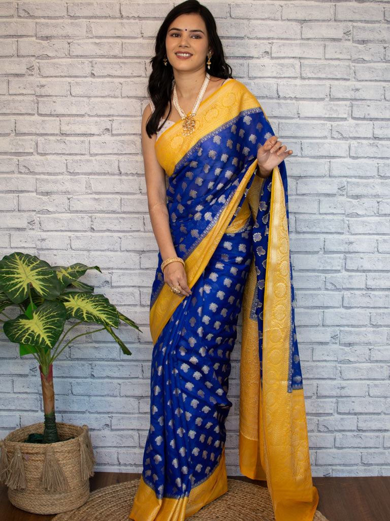 Banarasi Organza Saree With Silver Zari Buti & Contrast Border-Blue