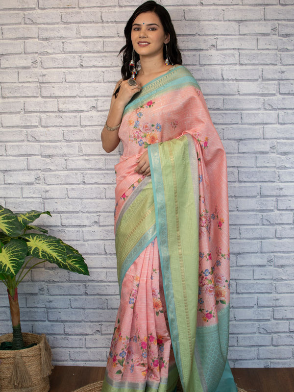 Printed Floral Semi Dupion Silk Saree With Contrast Banarasi Border-Pink