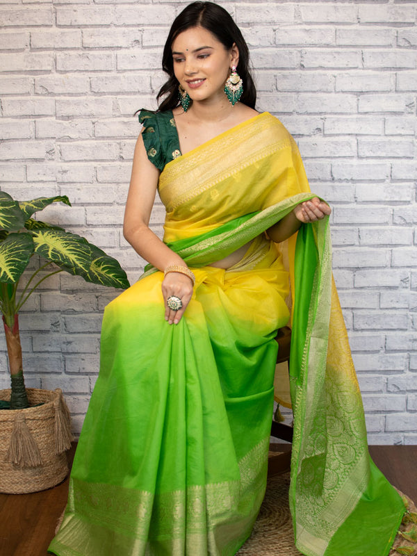 Banarasi Dual Shade Soft Cotton Plain Saree With Zari Border-Green & Yellow
