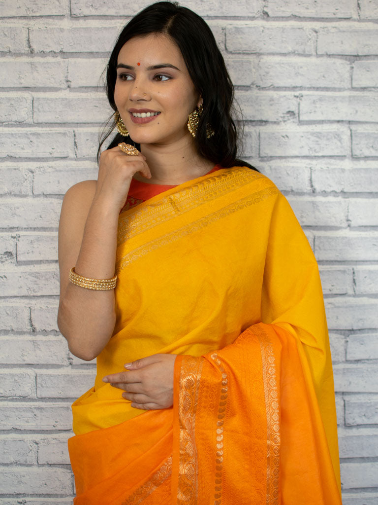 Banarasi Dual Shade Soft Cotton Plain Saree With Zari Border-Orange & Yellow