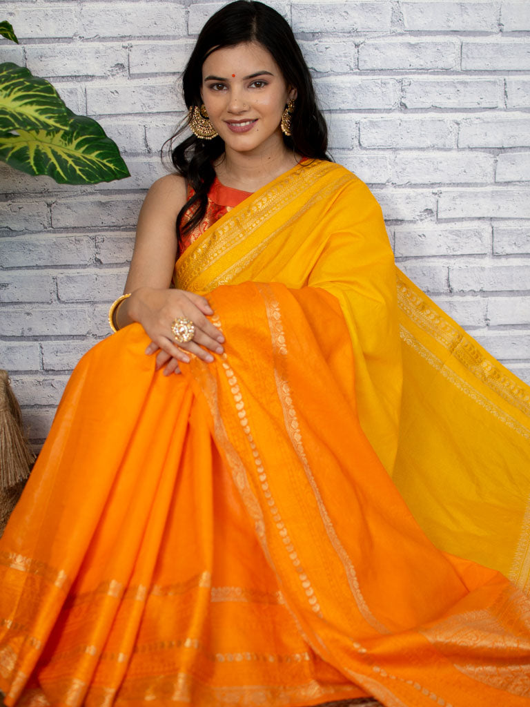Banarasi Dual Shade Soft Cotton Plain Saree With Zari Border-Orange & Yellow