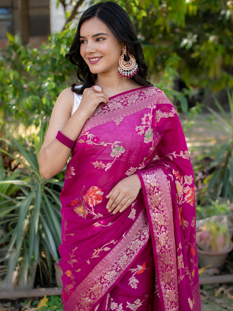 Banarasi Cotton Silk Saree With Jaal Zari & Meena Weaving-Pink