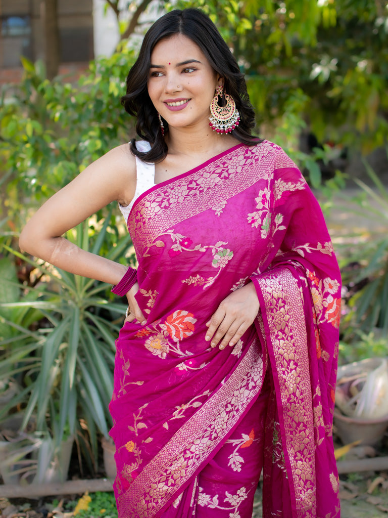 Banarasi Cotton Silk Saree With Jaal Zari & Meena Weaving-Pink