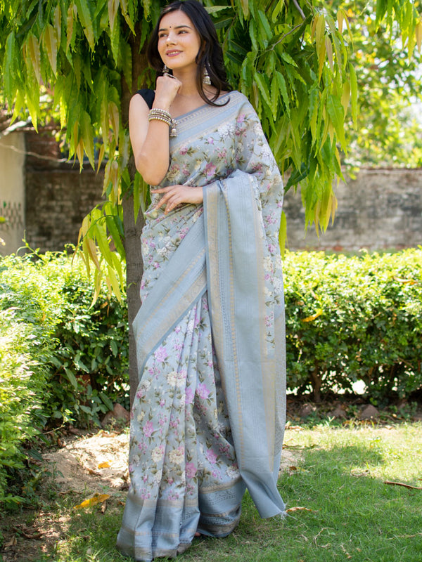 Printed Floral Semi Dupion Silk Saree With Banarasi Border-Grey