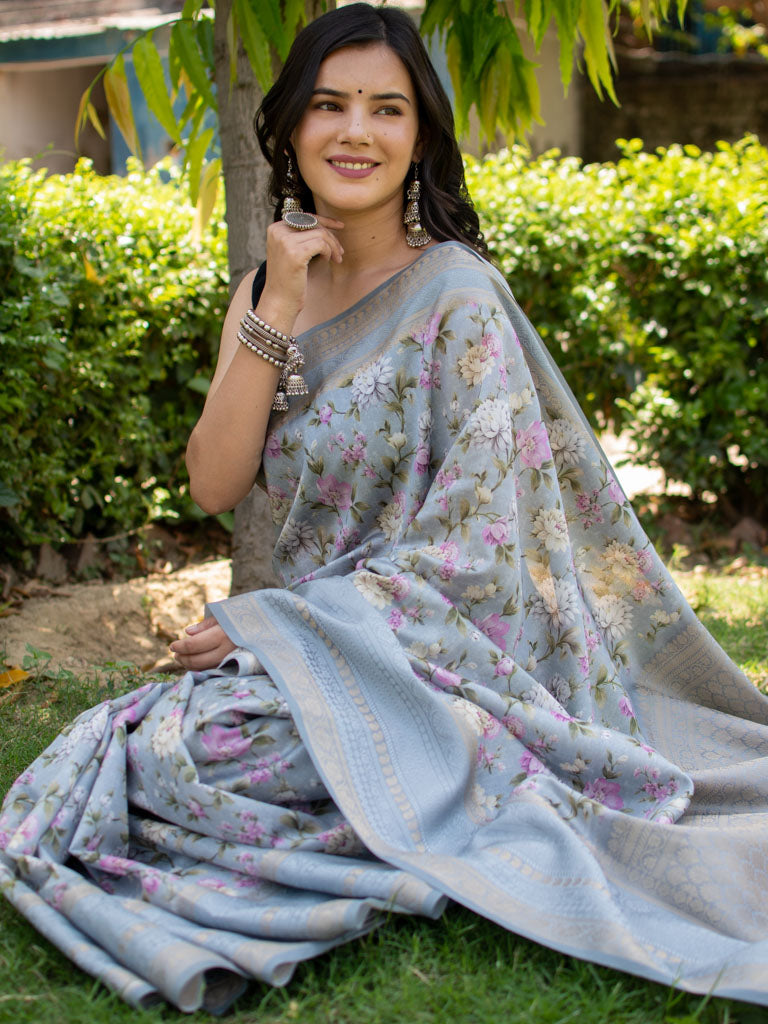 Printed Floral Semi Dupion Silk Saree With Banarasi Border-Grey