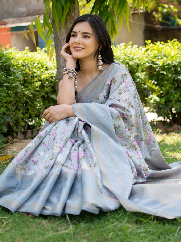 Printed Floral Semi Dupion Silk Saree With Banarasi Border-Grey