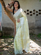 Banarasi Semi Chiffon Saree Silver Zari Buti Weaving-Yellow