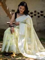 Banarasi Semi Chiffon Saree Silver Zari Buti Weaving-Yellow