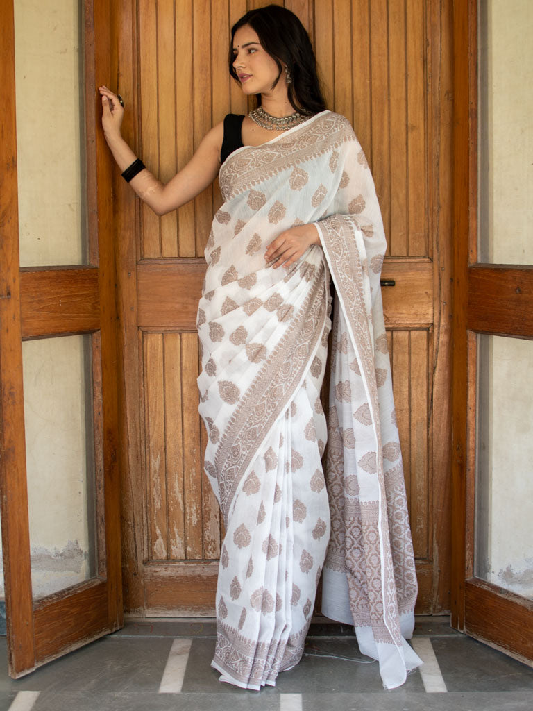 Banarasi Soft Cotton Saree With Resham Buti Weaving-White