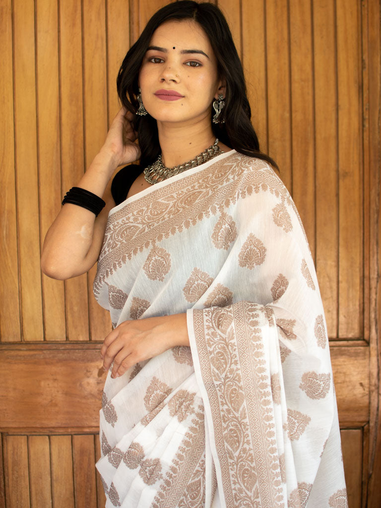 Banarasi Soft Cotton Saree With Resham Buti Weaving-White