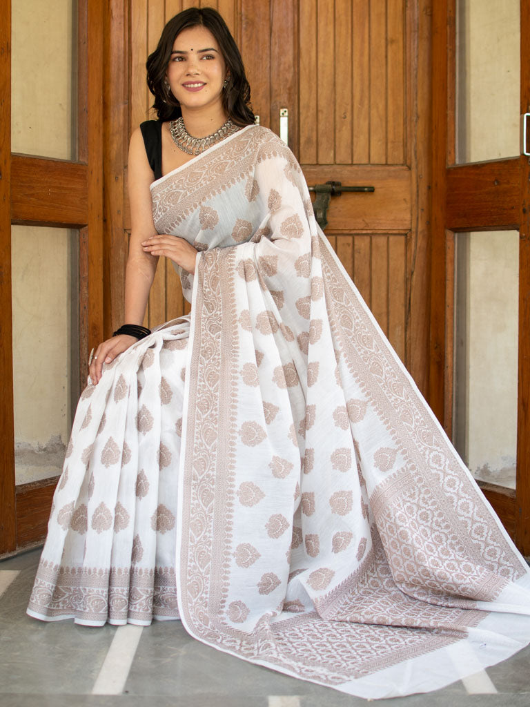 Banarasi Soft Cotton Saree With Resham Buti Weaving-White