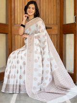Banarasi Soft Cotton Saree With Resham Buti Weaving-White