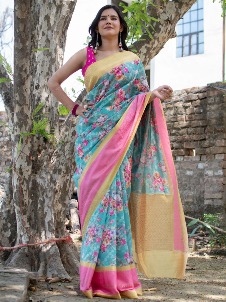 Printed Floral Semi Dupion Silk Saree With Contrast Banarasi Border-Blue