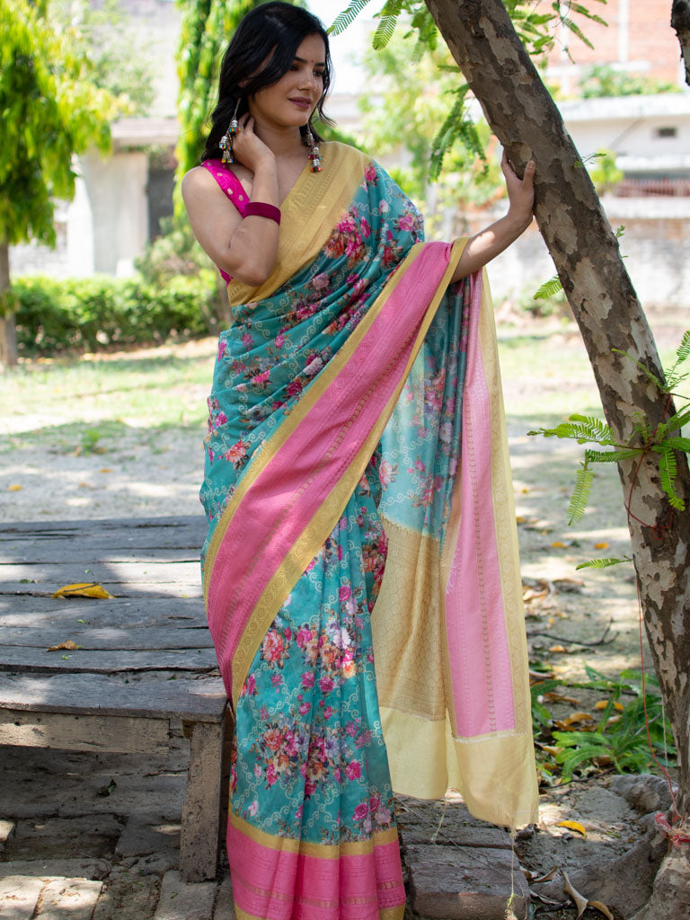 Printed Floral Semi Dupion Silk Saree With Contrast Banarasi Border-Blue