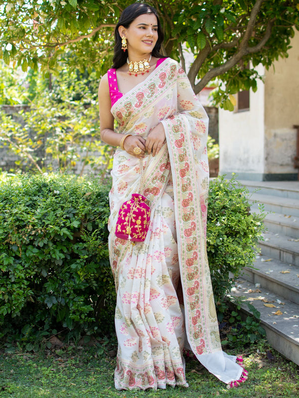 Banarasi Pure Cotton Saree Multicoloured Resham Weaving-White