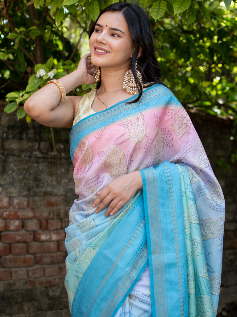 Printed Floral Dual Shade Semi Dupion Silk Saree -Blue