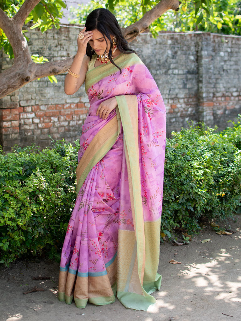 Printed Floral Semi Dupion Silk Saree With Contrast Banarasi Border-Mauve