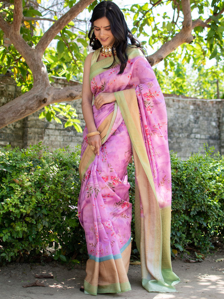 Printed Floral Semi Dupion Silk Saree With Contrast Banarasi Border-Mauve