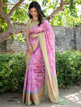 Printed Floral Semi Dupion Silk Saree With Contrast Banarasi Border-Mauve