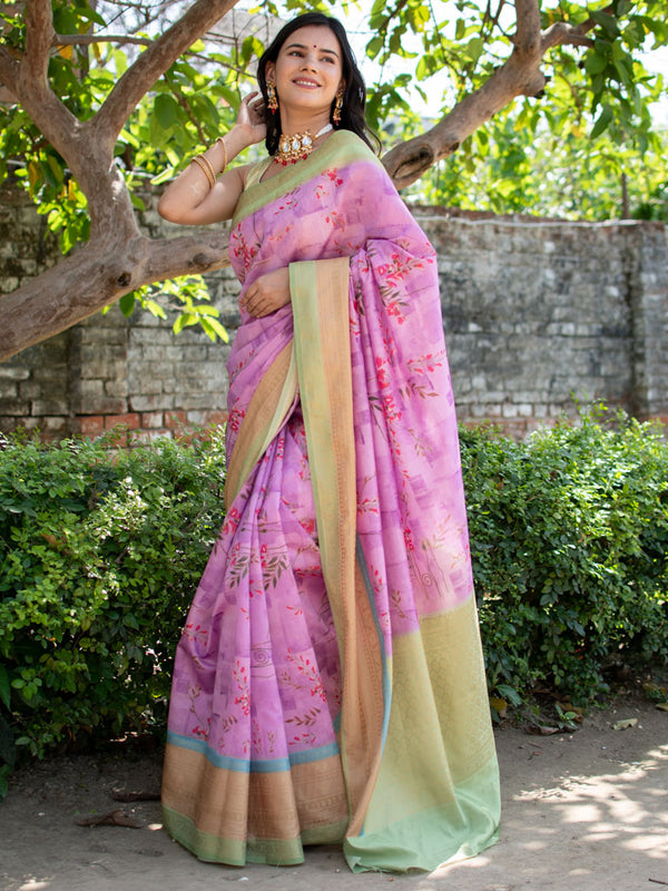 Printed Floral Semi Dupion Silk Saree With Contrast Banarasi Border-Mauve