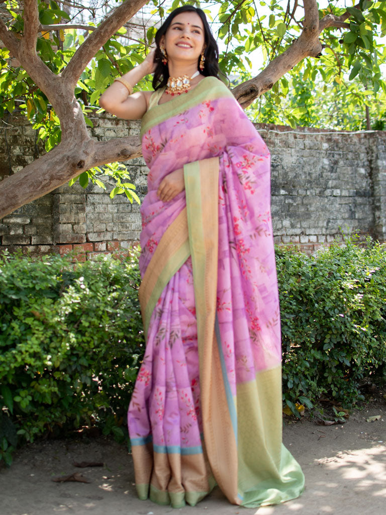 Printed Floral Semi Dupion Silk Saree With Contrast Banarasi Border-Mauve