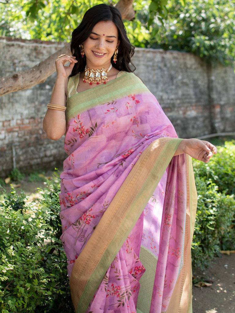 Printed Floral Semi Dupion Silk Saree With Contrast Banarasi Border-Mauve