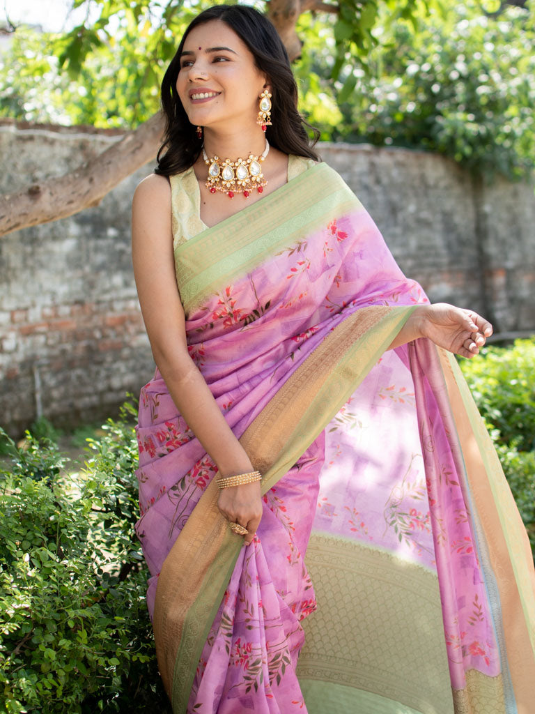 Printed Floral Semi Dupion Silk Saree With Contrast Banarasi Border-Mauve