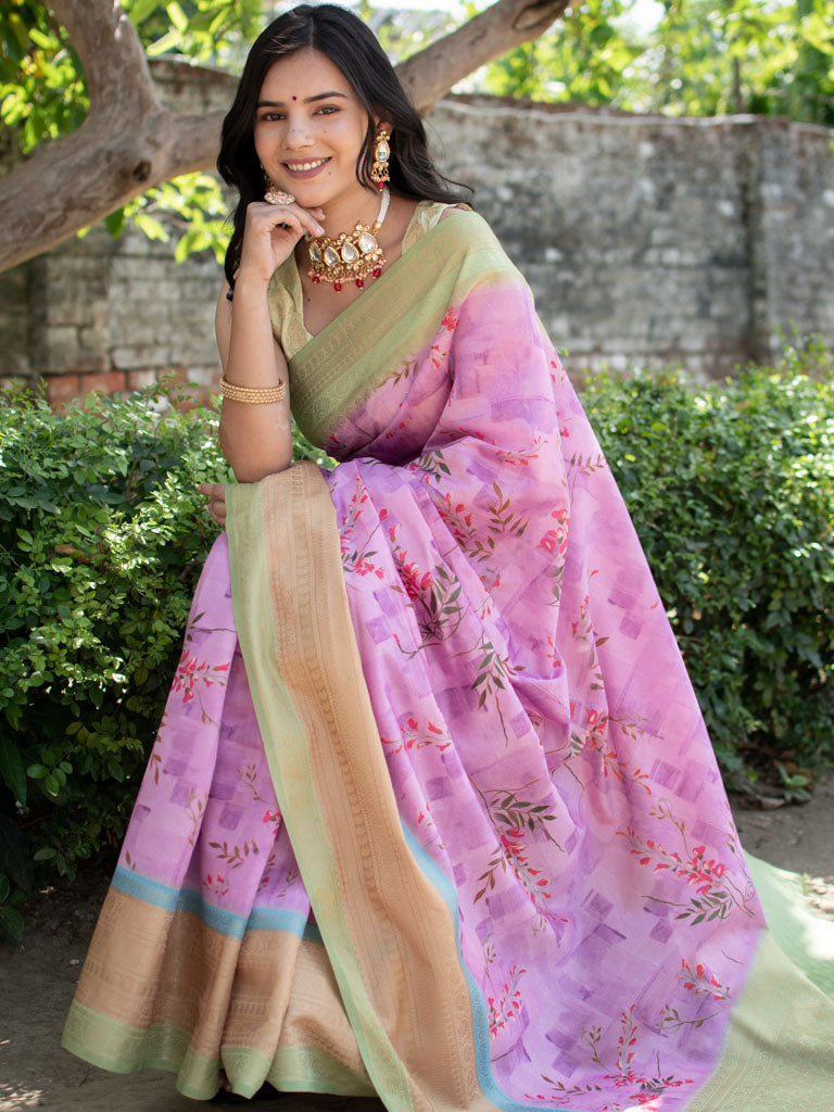 Printed Floral Semi Dupion Silk Saree With Contrast Banarasi Border-Mauve