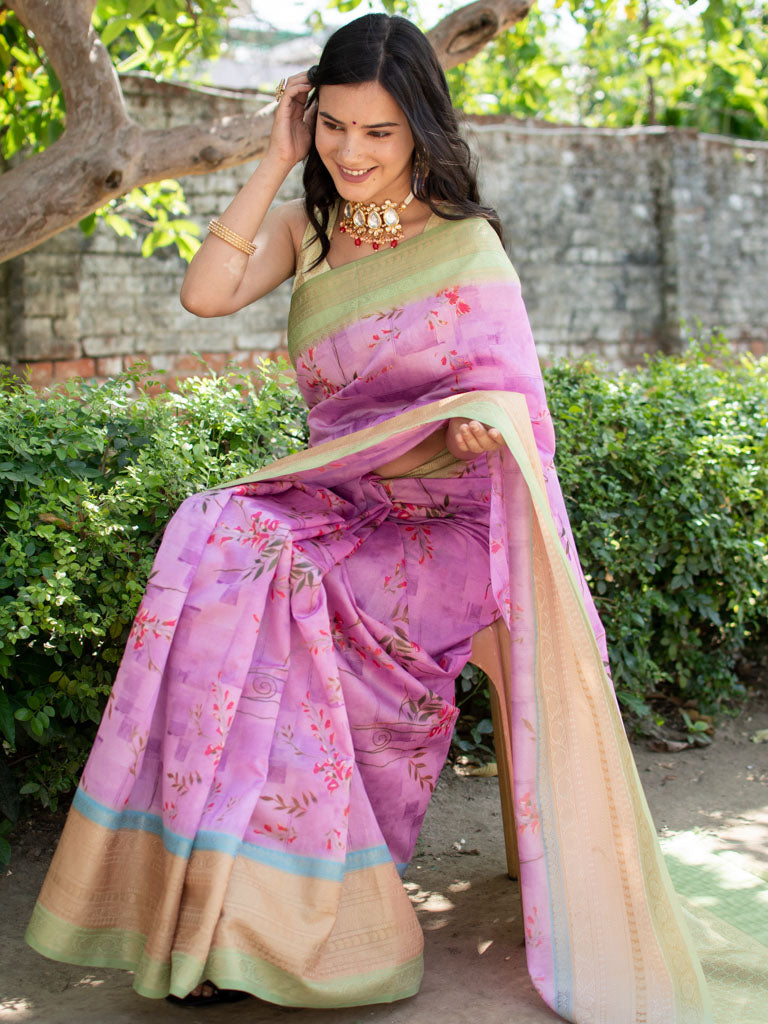 Printed Floral Semi Dupion Silk Saree With Contrast Banarasi Border-Mauve