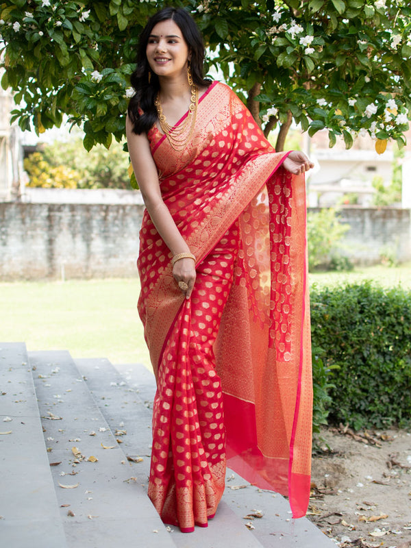 Banarasi Cotton Silk Mix Saree with Floral Buti & Border-Red