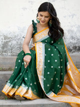 Banarasi  Semi Chiffon Saree Silver Zari Buti Weaving & Contrast Border-Green