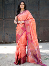 Banarasi Semi Silk Saree With Small Buti Weaving & Contrast Border-Orange