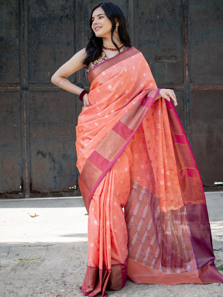 Banarasi Semi Silk Saree With Small Buti Weaving & Contrast Border-Orange
