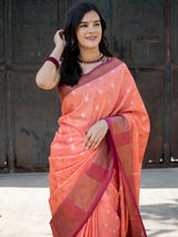 Banarasi Semi Silk Saree With Small Buti Weaving & Contrast Border-Orange