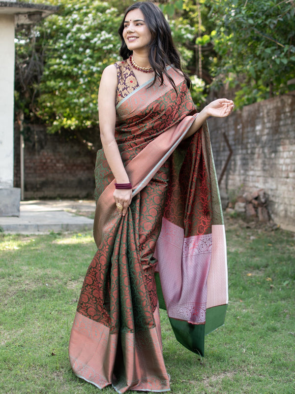 Banarasi Soft Silk Saree With Tanchoi Weaving-Green