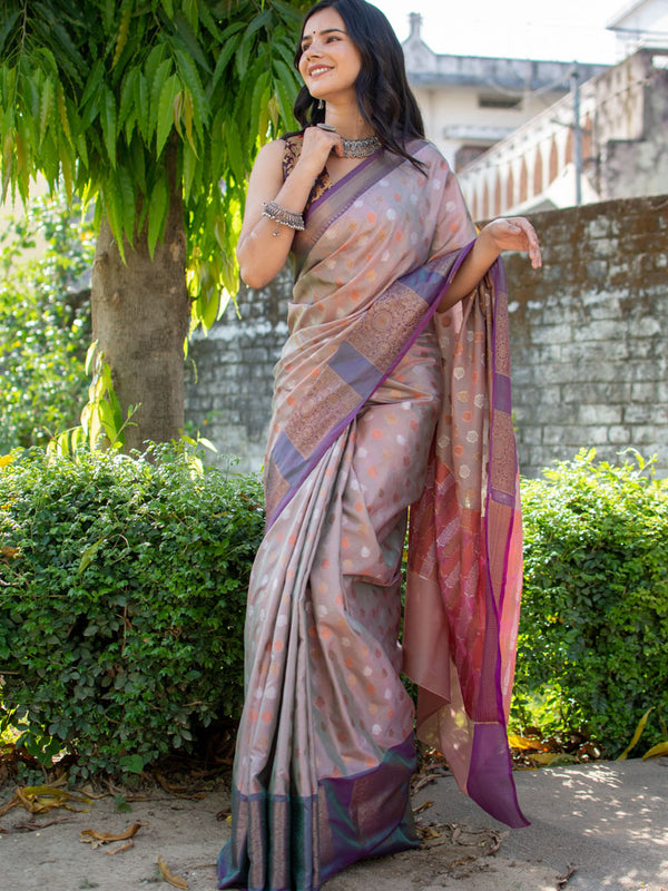 Banarasi Semi Silk Saree With Small Buti Weaving & Contrast Border-Grey