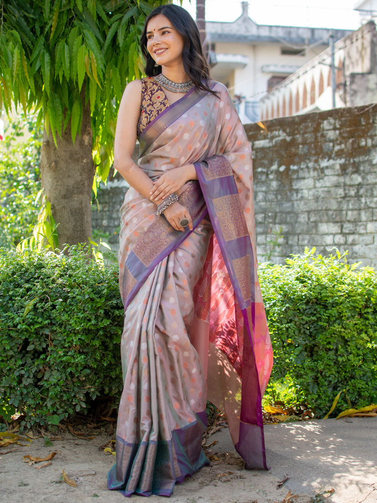 Banarasi Semi Silk Saree With Small Buti Weaving & Contrast Border-Grey