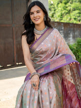 Banarasi Semi Silk Saree With Small Buti Weaving & Contrast Border-Grey
