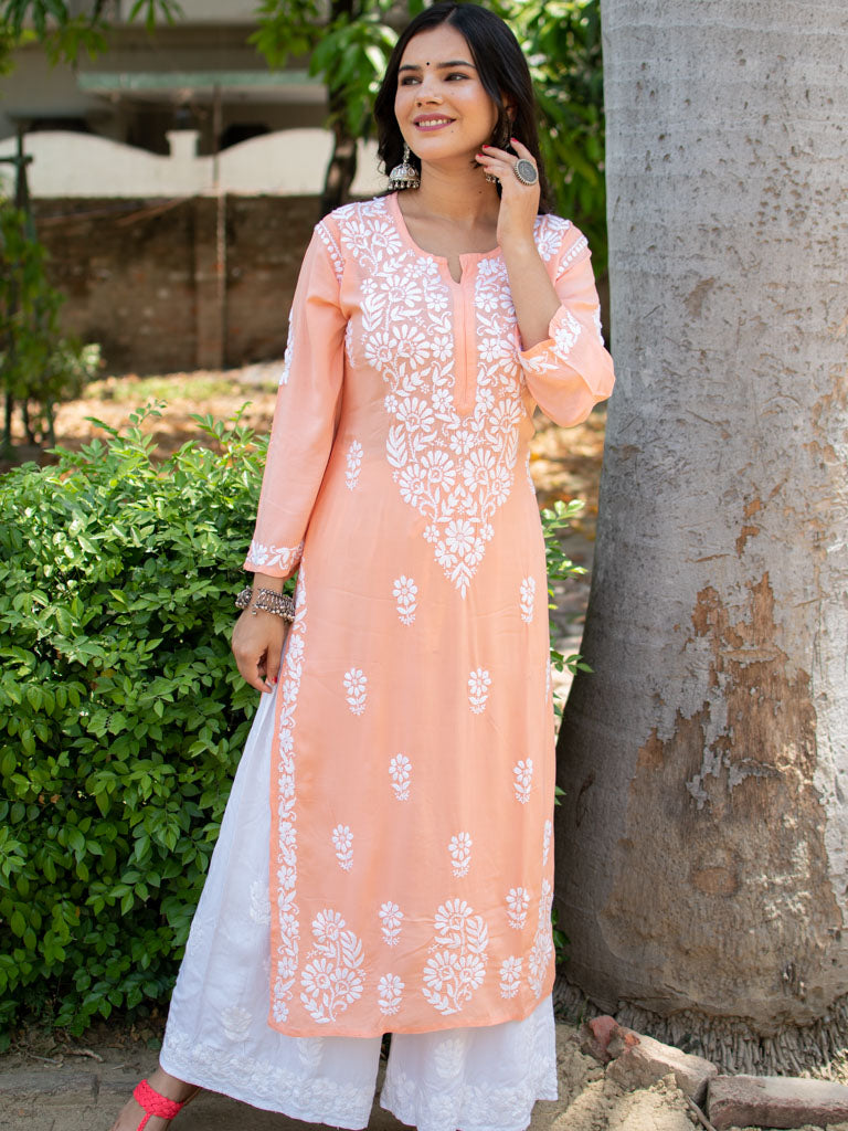 Readymade Chikankari Modal Kurti-Peach