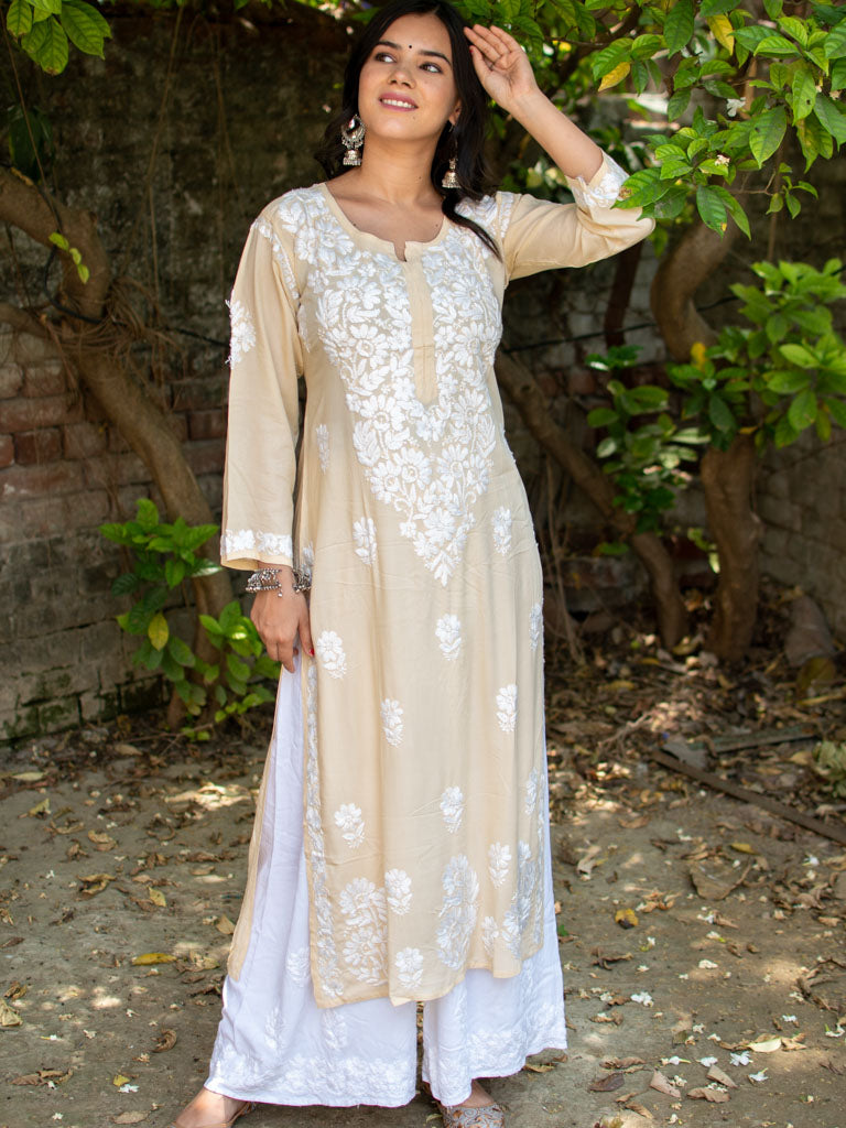 Readymade Chikankari Modal Kurti-Yellow