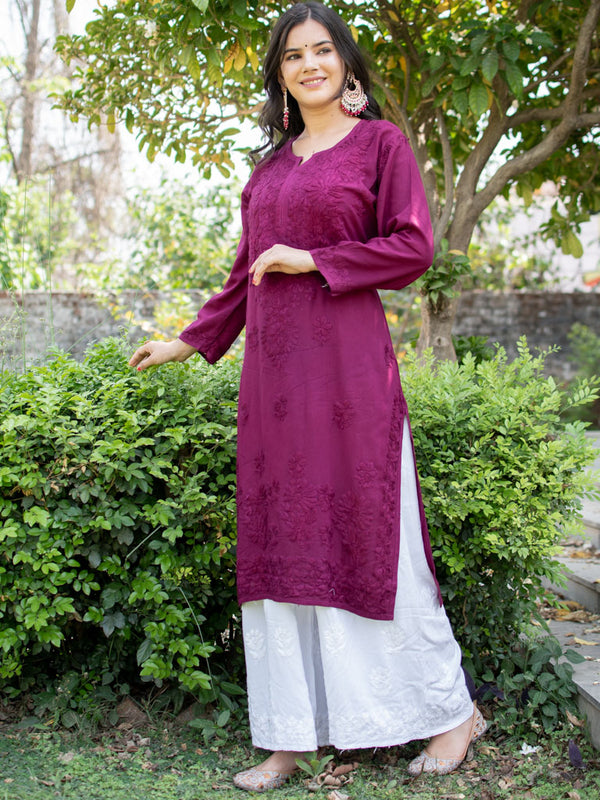 Readymade Heavy Chikankari Rayon Kurti-Wine