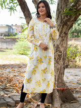 Readymade Chikankari Floral Print Mulmul Kurti-Yellow