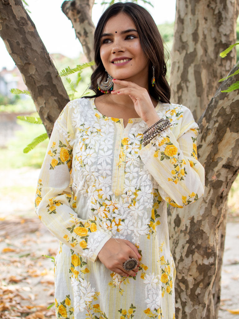 Readymade Chikankari Floral Print Mulmul Kurti-Yellow